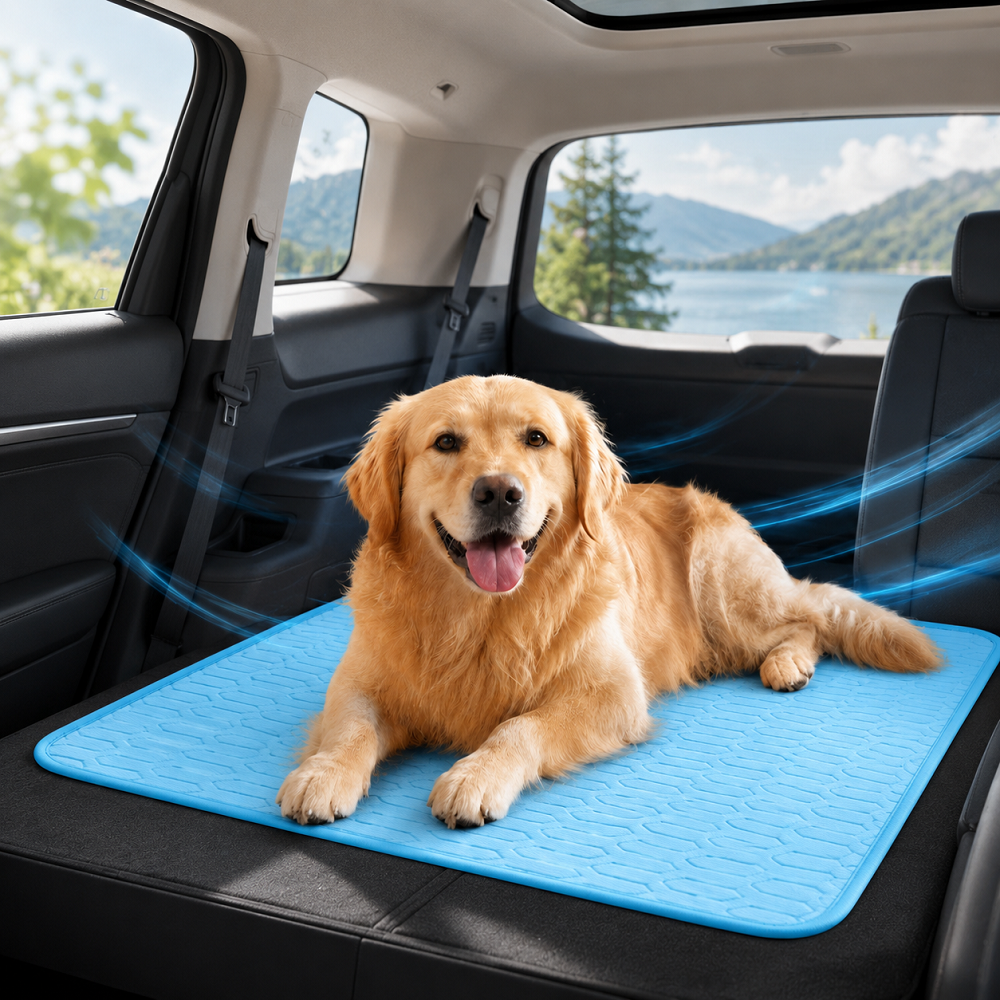 Cooling mat in car travel scene
