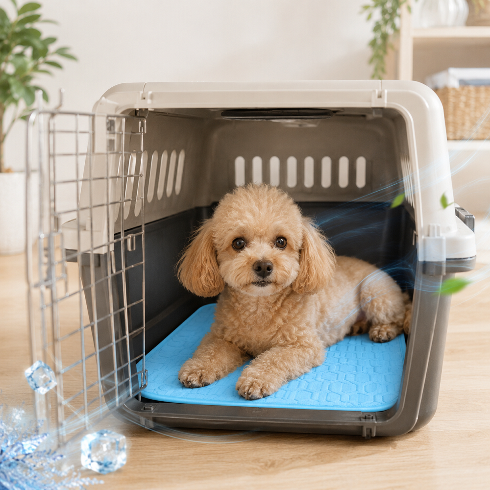 Cooling mat in crate for pets