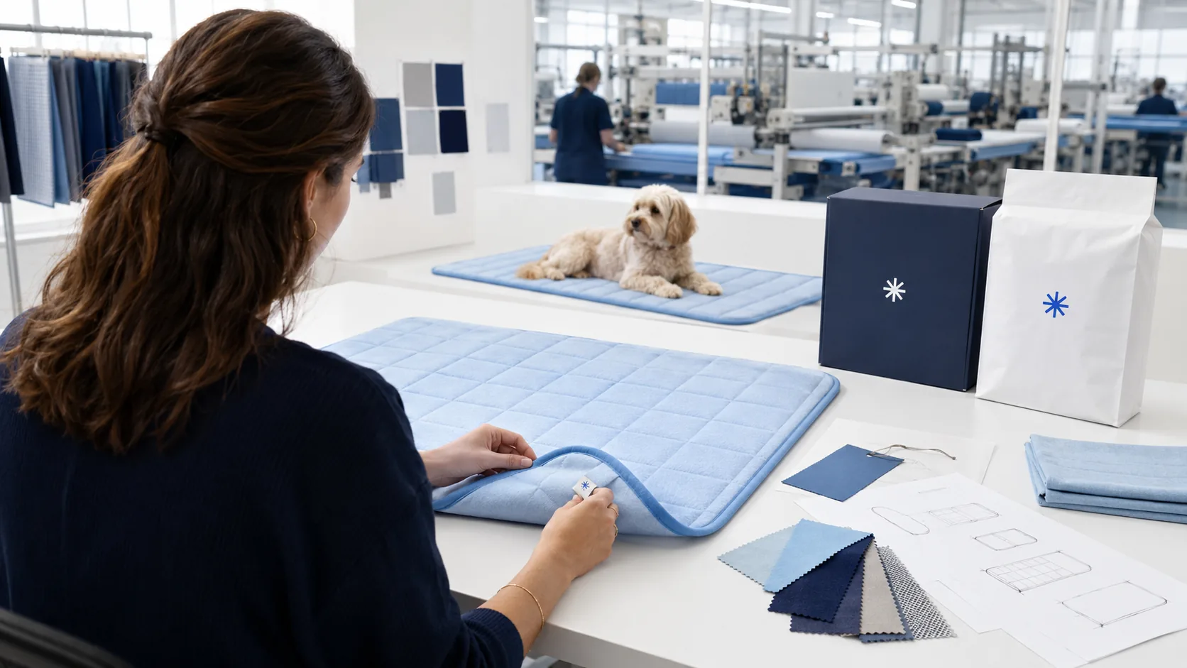 Brand founder reviewing pet cooling mat fabrics, sizes and private-label packaging in a factory sample room