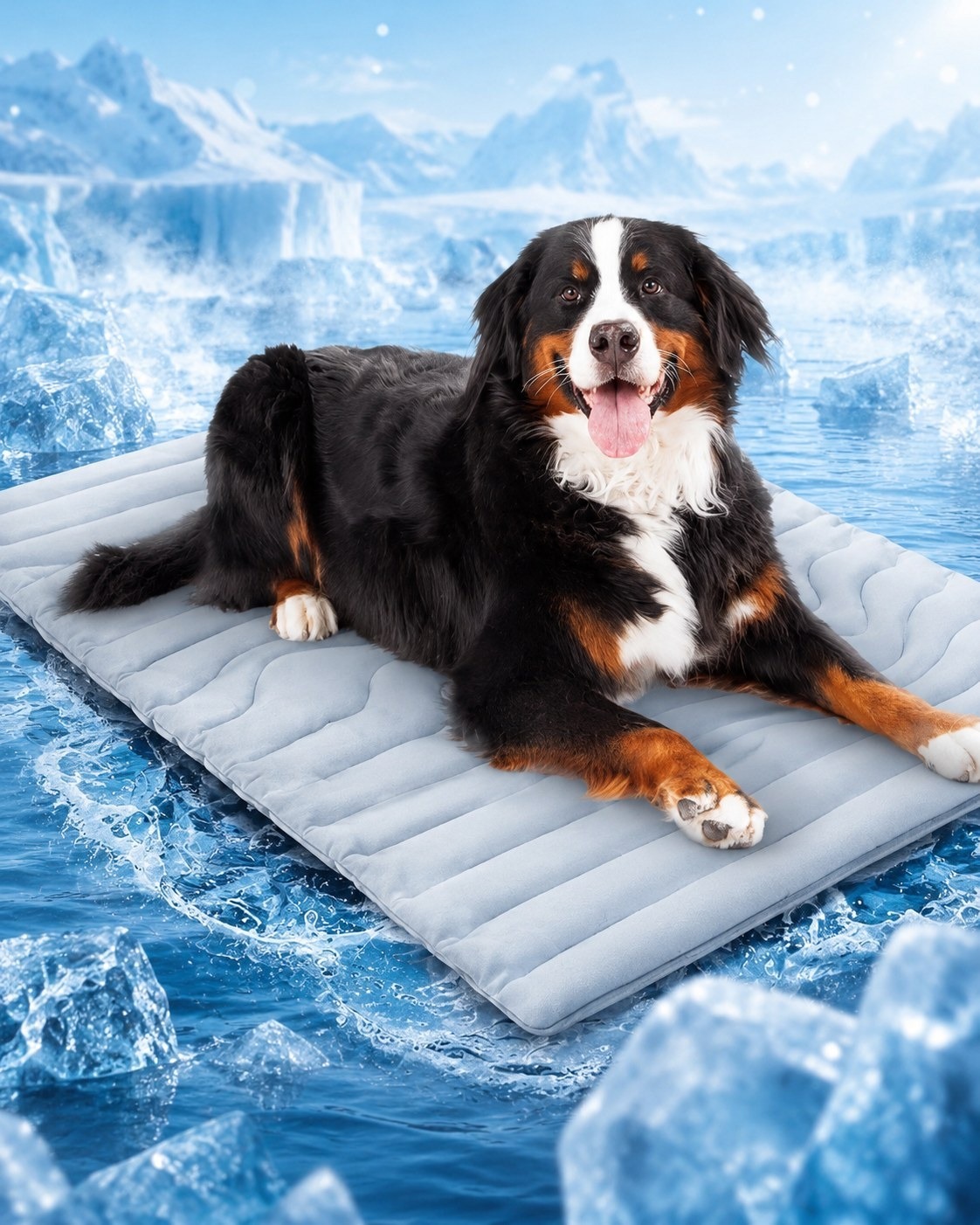 Bernese mountain dog resting on a cooling mat in an icy scene