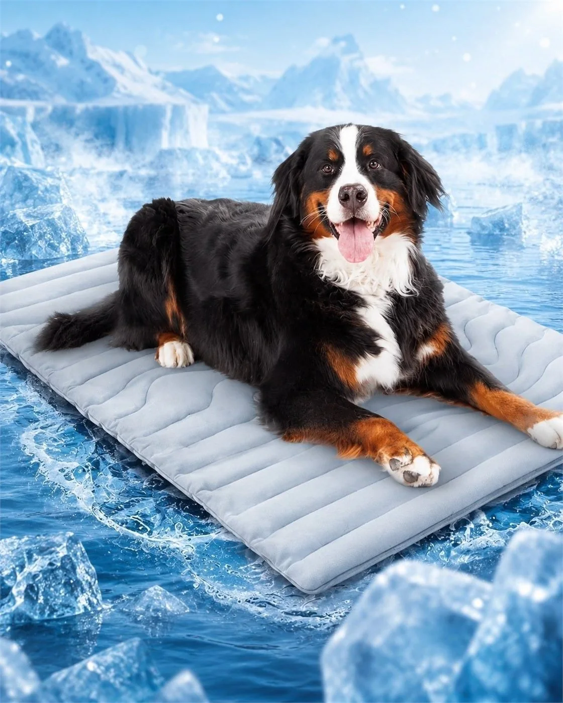 Bernese mountain dog resting on a cooling mat in an icy scene