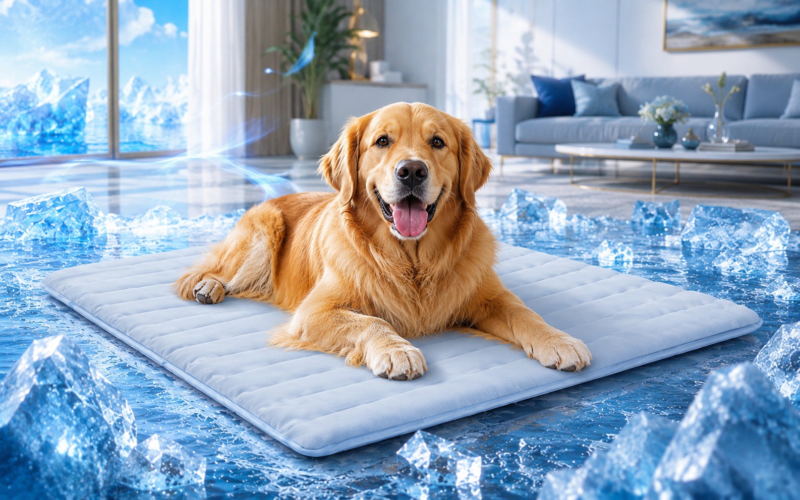 Golden retriever on a cooling mat in a luxury home scene