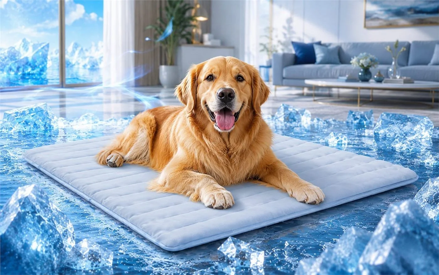 Golden retriever on a cooling mat in a luxury home scene