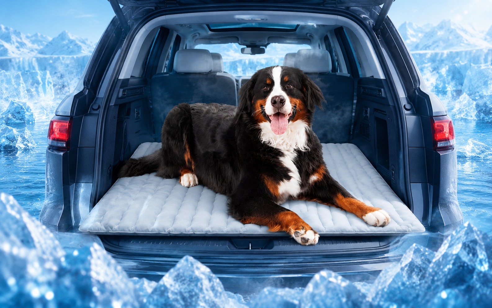 Large dog on a cooling mat in an SUV trunk travel scene
