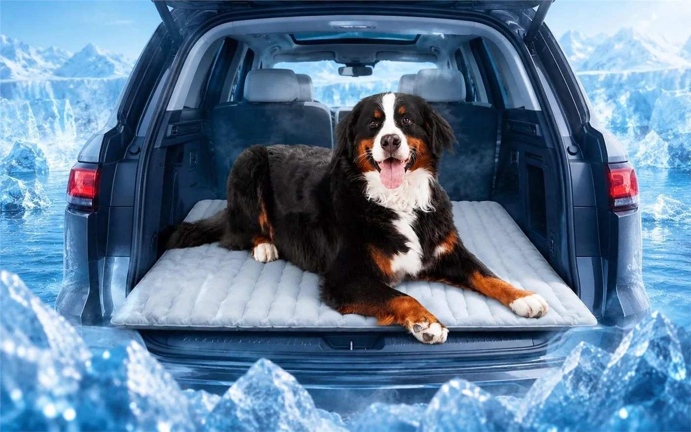 Large dog on a cooling mat in an SUV trunk travel scene
