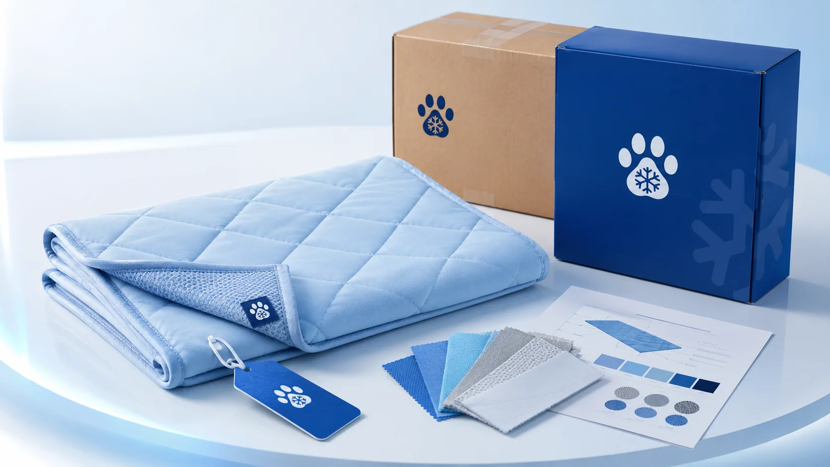 Custom pet cooling mat, packaging boxes and material samples