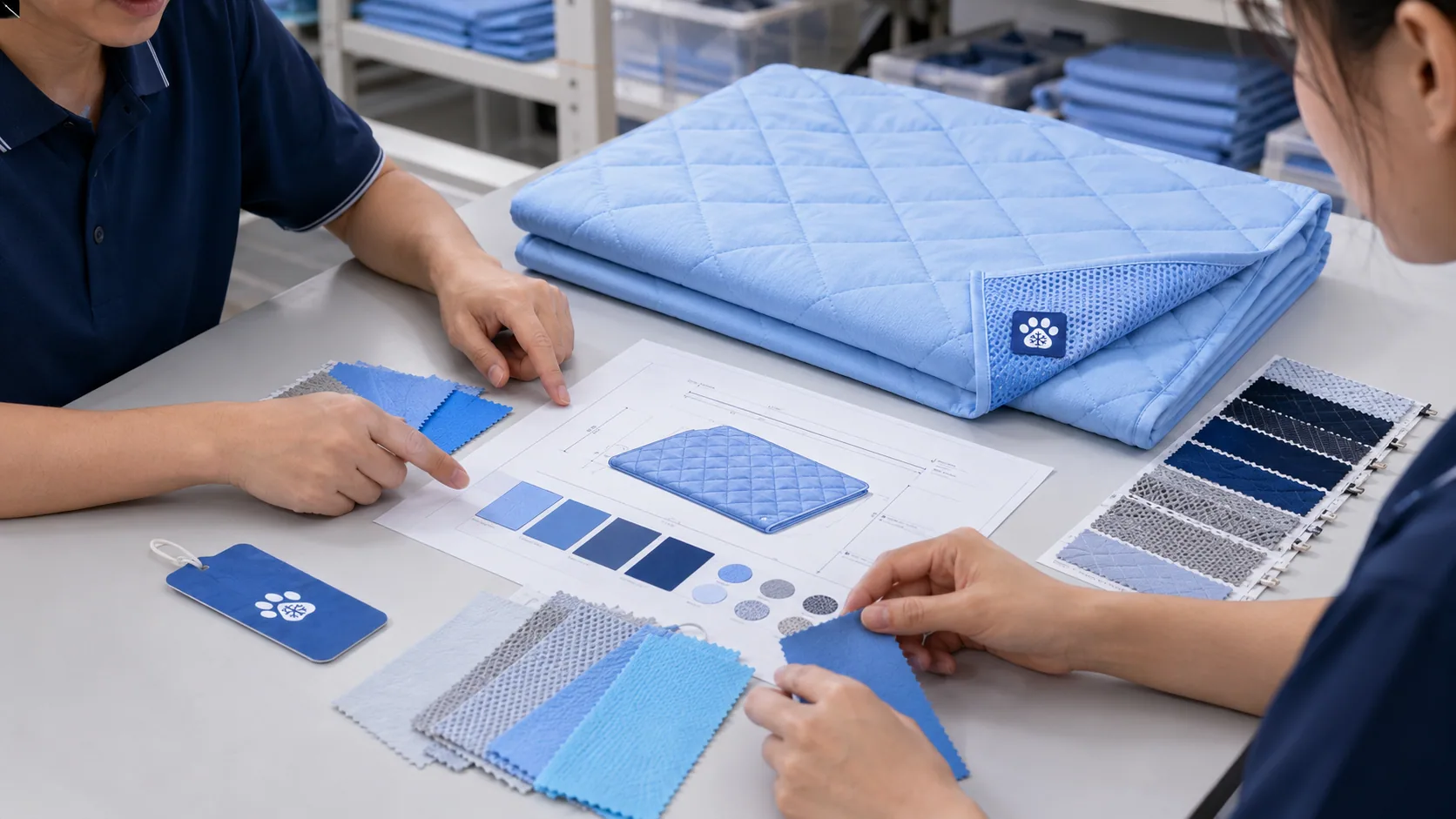 Team reviewing cooling mat specifications and fabric samples