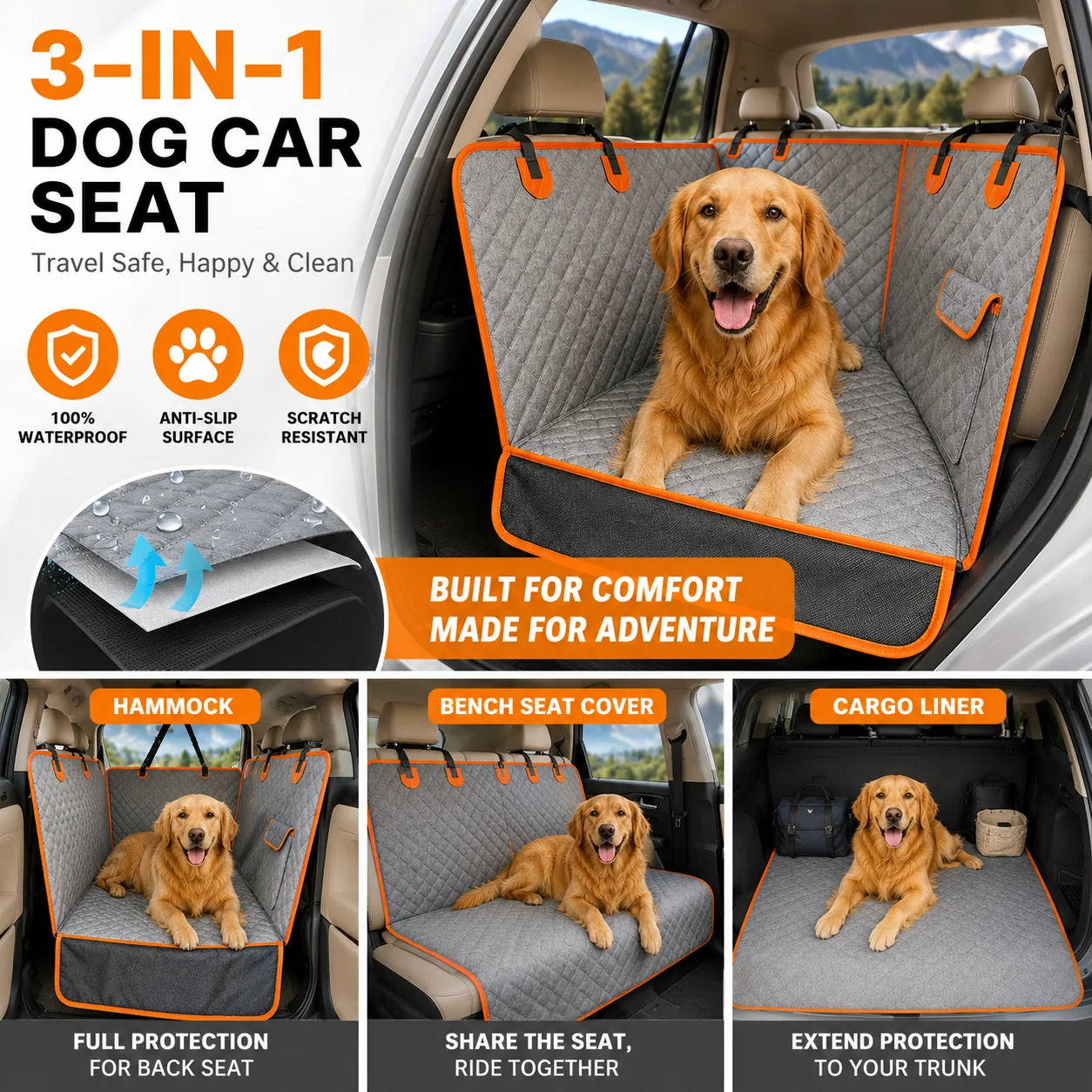 Three-in-one convertible dog car seat cover in hammock mode