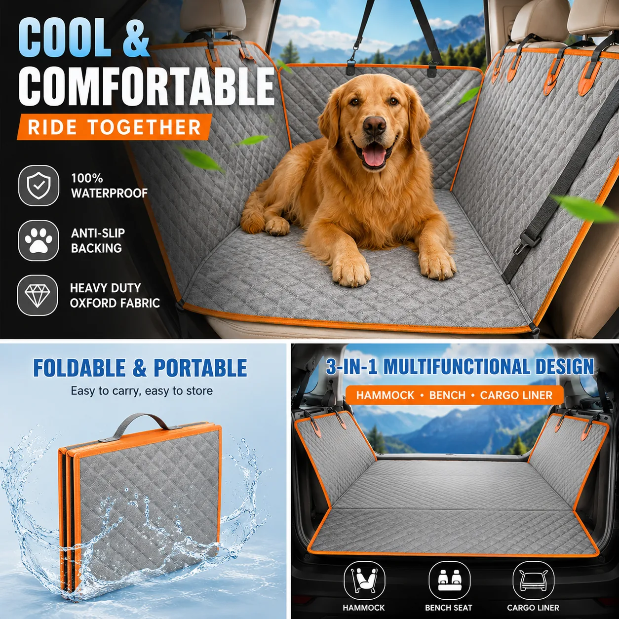 Dog car seat cover used as a hammock, bench seat cover and cargo liner