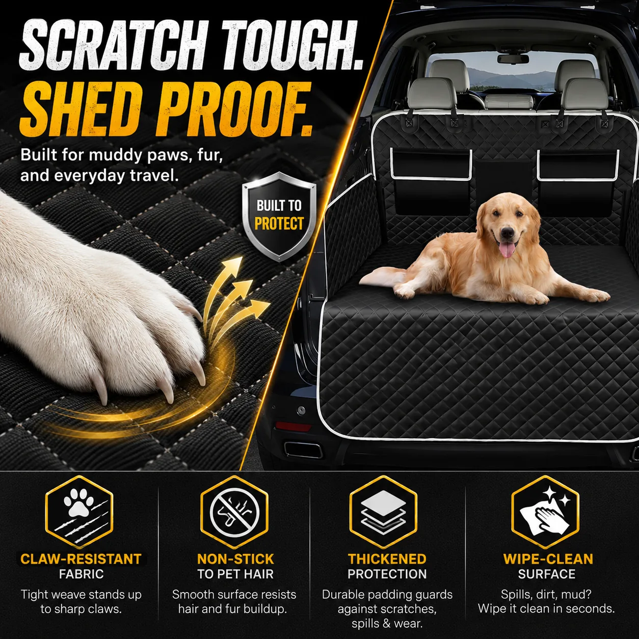 Dog cargo liner with scratch-resistant fabric and easy-clean surface
