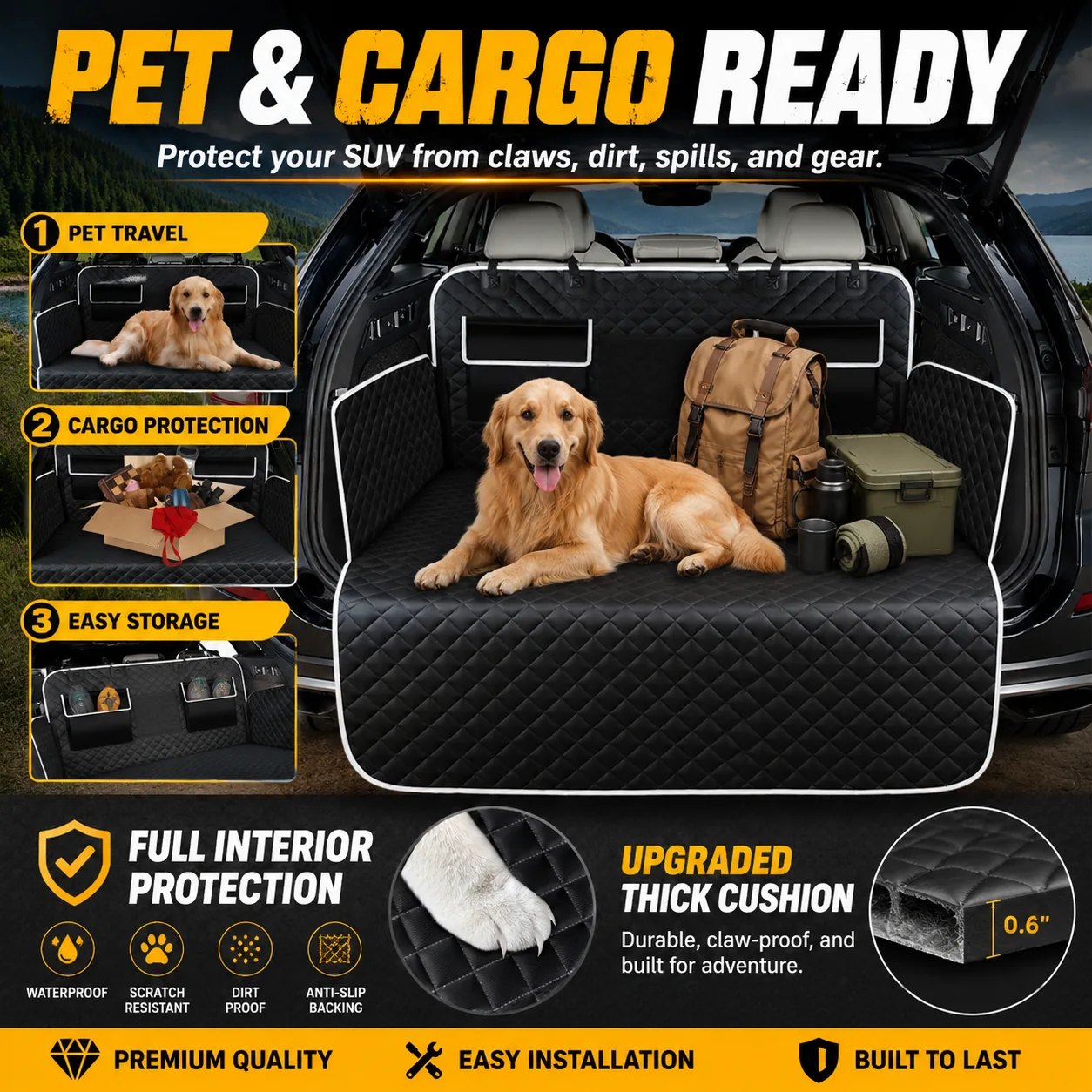 Dog cargo liner protecting an SUV trunk for pets and cargo