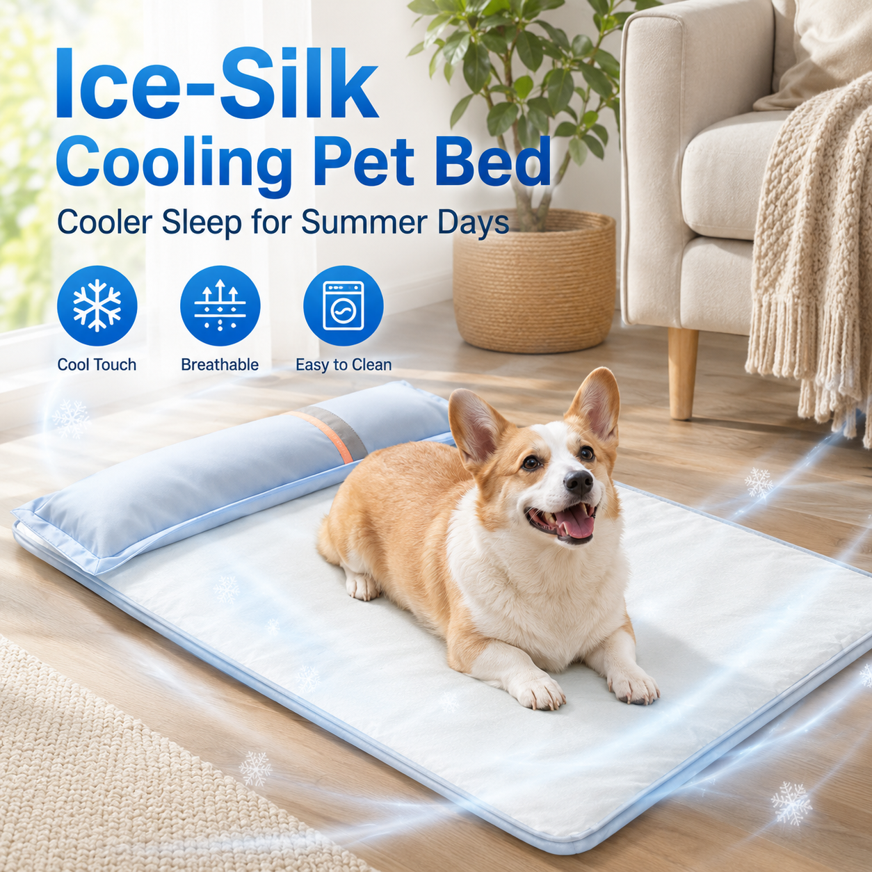 Ice-silk cooling pet bed with corgi