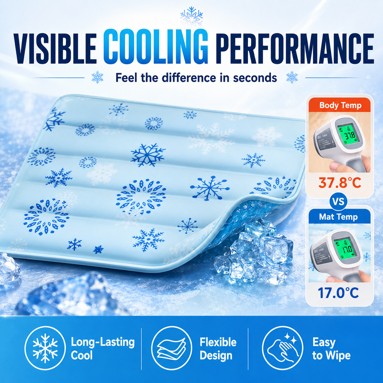 Instant cooling pet ice mat with snowflake pattern
