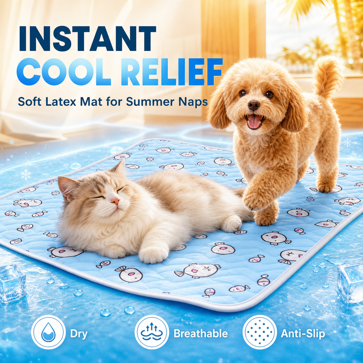 Soft latex cooling mat with cat and dog