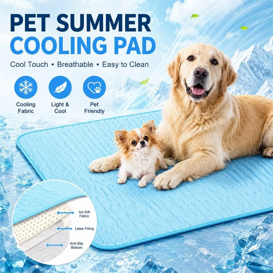 Pet summer cooling pad with golden retriever and small dog